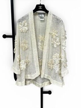 CHANEL Cream Crochet Floral Open-Front Shrug